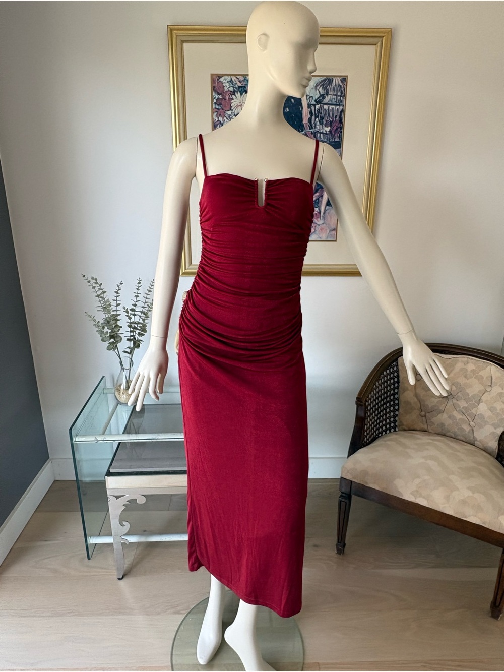 Mink Pink Ruched Burgundy Spaghetti-Strap Midi Dress
